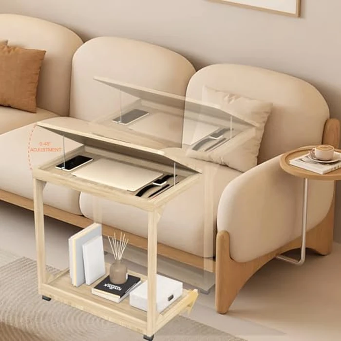 WUGCHDA C-Shaped Couch Table, Side Table with 360 degrees Rotating Wheels, 45 degrees Adjustable Tiltable Desktop for Sofa Laptop Coffee, C Table for Living Room, Walnut (Natural, 23.6 * 15.7 * 24.8 inch) by WUGCHDA - Image 6