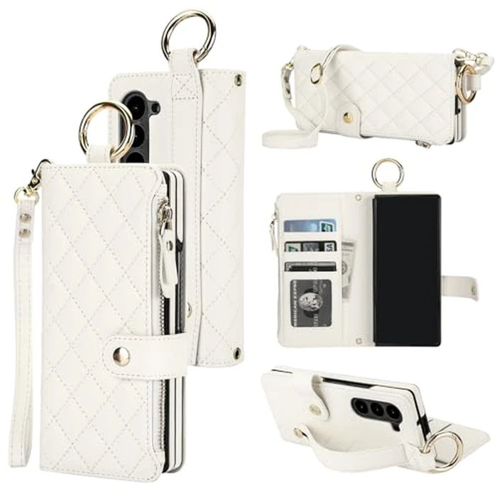 KIHUWEY for Galaxy Z Fold 6 Wallet Case with Card Holder Premium Leather Magnetic RFID Blocking Shockproof Zipper Wrist Strap Lanyard Cover for Samsung Galaxy Z Fold 6 7.6 Inch (White) by KIHUWEY - Used - Acceptable condition - US$17.99