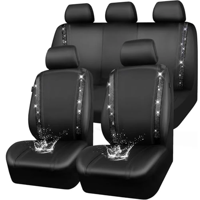 CAR PASS Leather Bling Diamond Car Seat Covers Full Set, Shining Rhinestone Waterproof Durable Rear with Zipper, Universal Fit Automotive Glitter Crystal Sparkle Strip for Cute Women Girly Black by CAR PASS - Image 1
