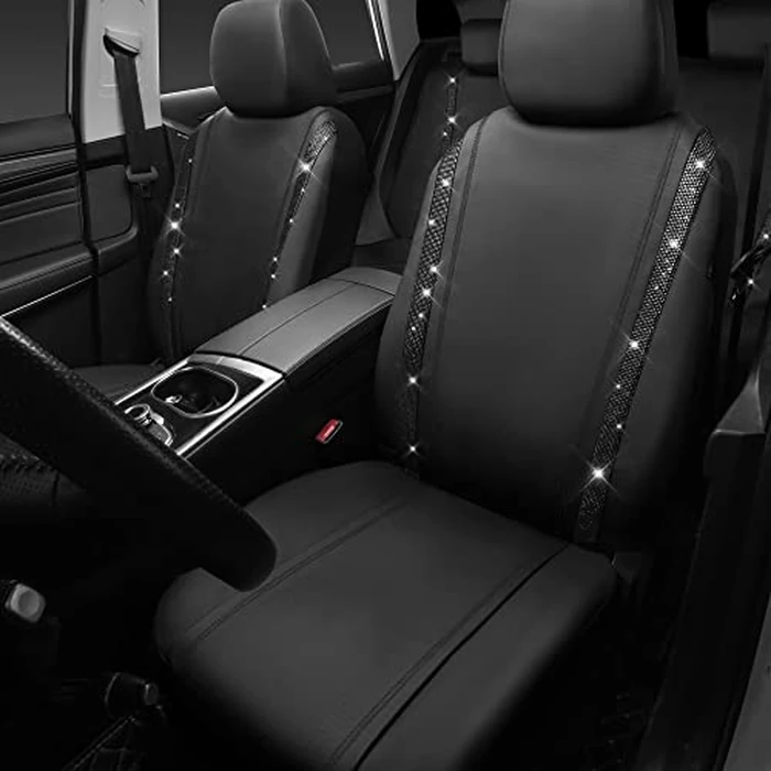CAR PASS Leather Bling Diamond Car Seat Covers Full Set, Shining Rhinestone Waterproof Durable Rear with Zipper, Universal Fit Automotive Glitter Crystal Sparkle Strip for Cute Women Girly Black by CAR PASS - Image 2