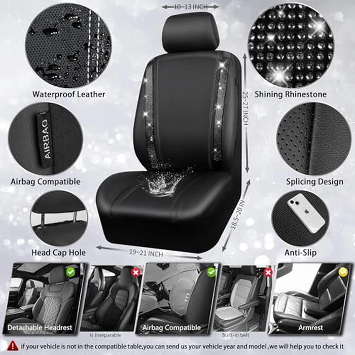 CAR PASS Leather Bling Diamond Car Seat Covers Full Set, Shining Rhinestone Waterproof Durable Rear with Zipper, Universal Fit Automotive Glitter Crystal Sparkle Strip for Cute Women Girly Black by CAR PASS - Image 3