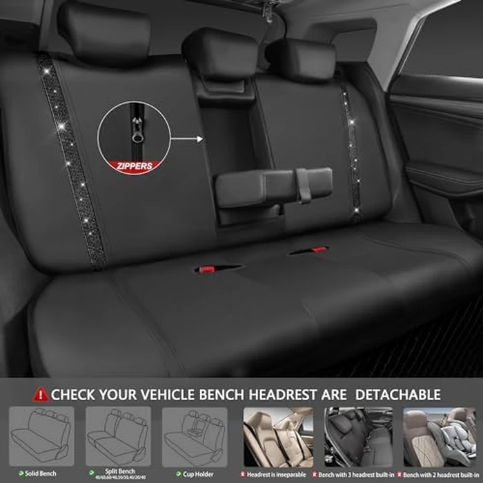 CAR PASS Leather Bling Diamond Car Seat Covers Full Set, Shining Rhinestone Waterproof Durable Rear with Zipper, Universal Fit Automotive Glitter Crystal Sparkle Strip for Cute Women Girly Black by CAR PASS - Image 4