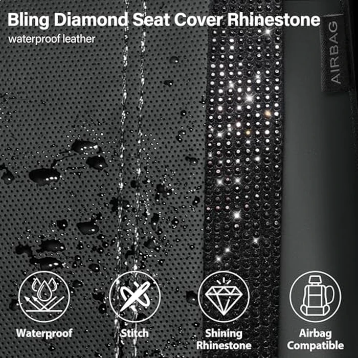 CAR PASS Leather Bling Diamond Car Seat Covers Full Set, Shining Rhinestone Waterproof Durable Rear with Zipper, Universal Fit Automotive Glitter Crystal Sparkle Strip for Cute Women Girly Black by CAR PASS - Image 5