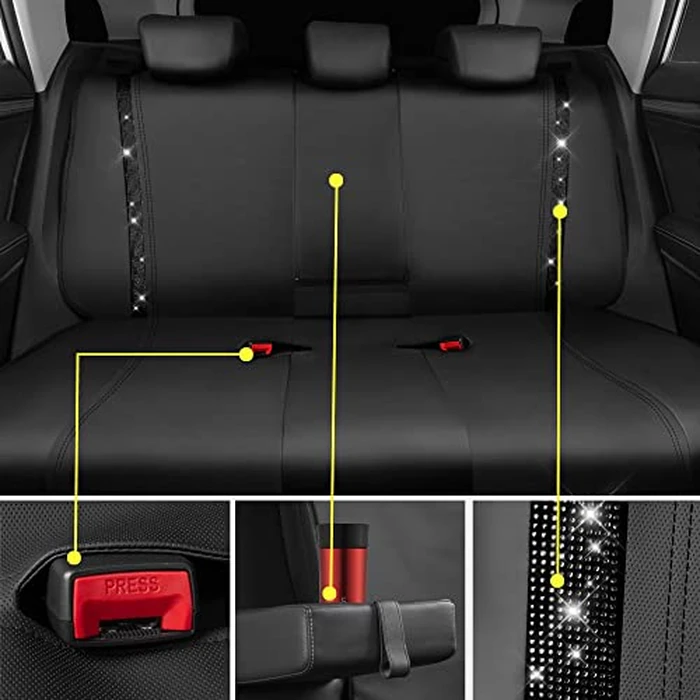CAR PASS Leather Bling Diamond Car Seat Covers Full Set, Shining Rhinestone Waterproof Durable Rear with Zipper, Universal Fit Automotive Glitter Crystal Sparkle Strip for Cute Women Girly Black by CAR PASS - Image 6
