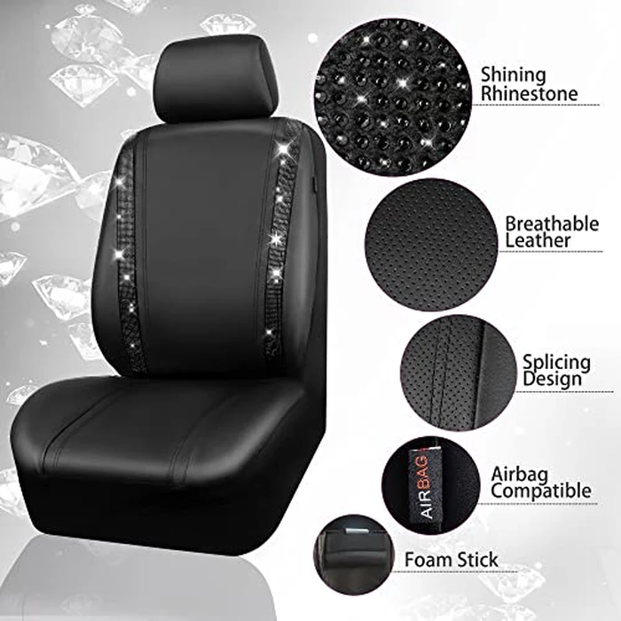 CAR PASS Leather Bling Diamond Car Seat Covers Full Set, Shining Rhinestone Waterproof Durable Rear with Zipper, Universal Fit Automotive Glitter Crystal Sparkle Strip for Cute Women Girly Black by CAR PASS - Image 9