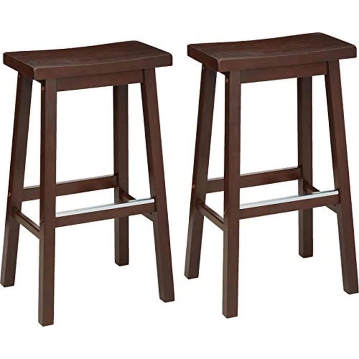 Amazon Basics Solid Wood Saddle-Seat Counter Height Bar Stools for Kitchen Island and Home Bar with Footrest, 29-Inch Height, Walnut, Set of 2 by Amazon Basics - Used - Very Good condition