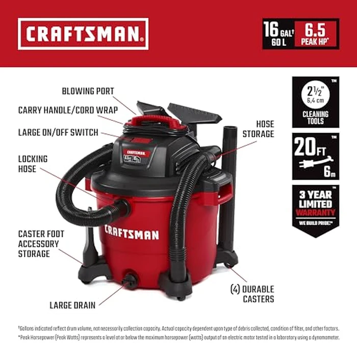 CRAFTSMAN CMXEVBE18595 16 Gallon 6.5 Peak HP Wet Dry Vac, Heavy-Duty Shop Vacuum Wet and Dry with Filter, 4 Dust Bags, Hose and Attachments for Home Projects & Renovations by CRAFTSMAN - Image 2