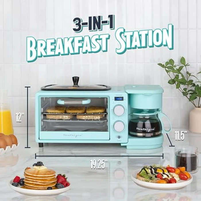 Nostalgia 3-in-1 Retro Breakfast Station - Includes 5 Cup Coffee Maker, Non-Stick Ceramic Griddle, and 4-Slice Toaster Oven - Built-In Timer, Reusable Coffee Filter, Space-Saving Design - Aqua by Nostalgia - Image 2