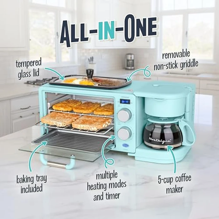 Nostalgia 3-in-1 Retro Breakfast Station - Includes 5 Cup Coffee Maker, Non-Stick Ceramic Griddle, and 4-Slice Toaster Oven - Built-In Timer, Reusable Coffee Filter, Space-Saving Design - Aqua by Nostalgia - Image 4
