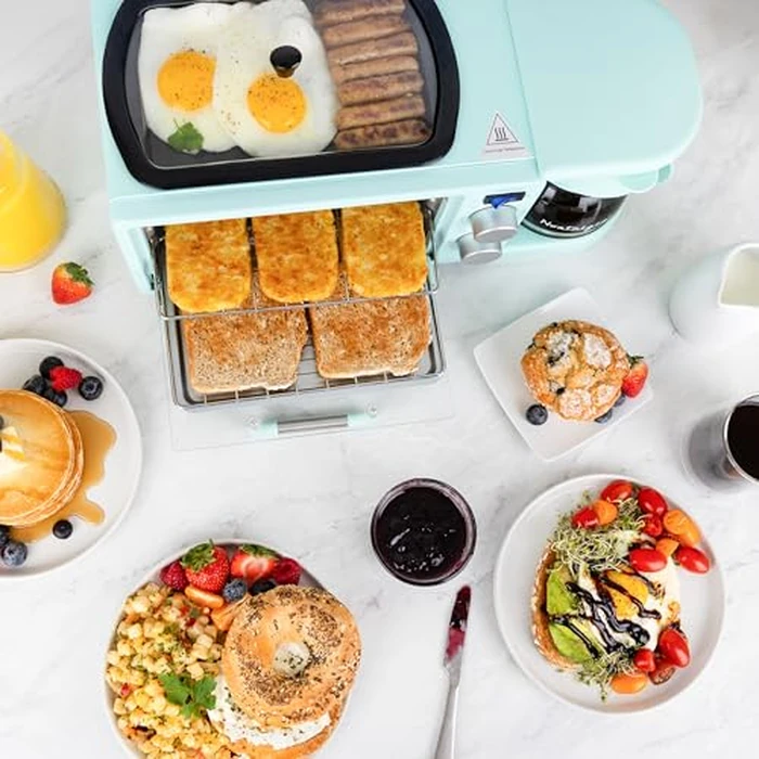 Nostalgia 3-in-1 Retro Breakfast Station - Includes 5 Cup Coffee Maker, Non-Stick Ceramic Griddle, and 4-Slice Toaster Oven - Built-In Timer, Reusable Coffee Filter, Space-Saving Design - Aqua by Nostalgia - Image 5