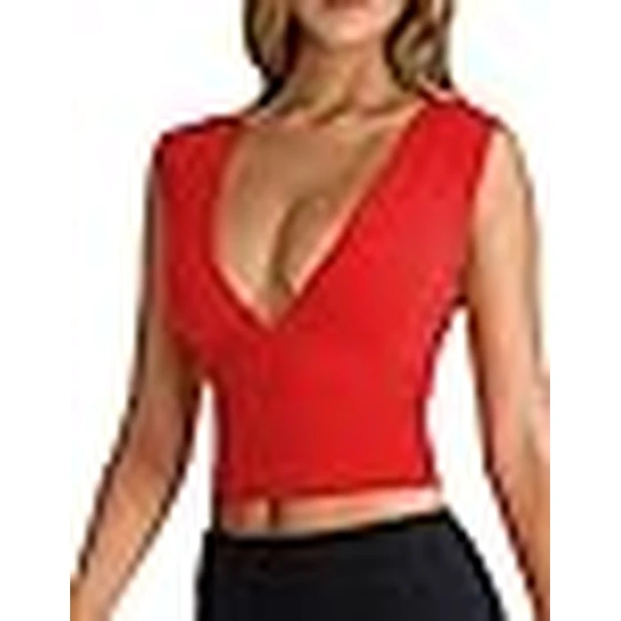 YFANG Women's Sexy Deep V-Neck Ruched Sleeveless Crop Tank Top Stretchy Double Layer Slim Fitted Going Out Crop Top Red Medium by YFANG - Image 3