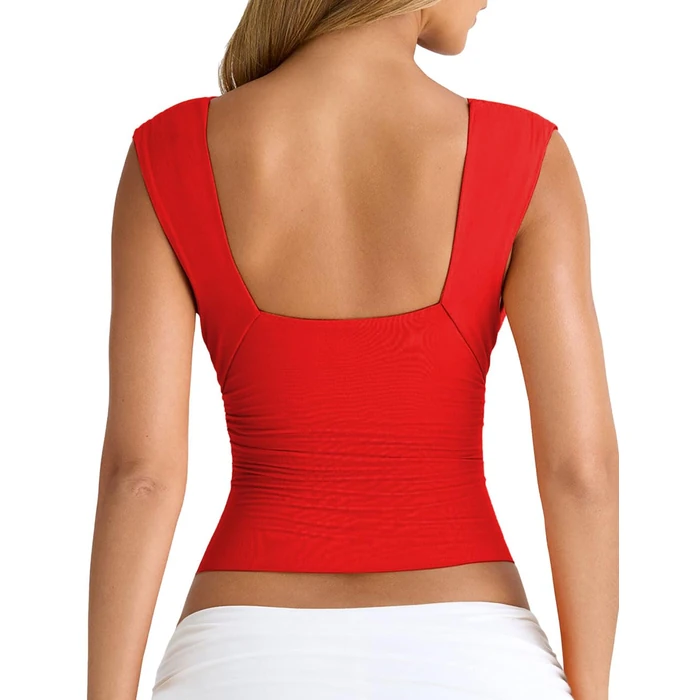 YFANG Women's Sexy Deep V-Neck Ruched Sleeveless Crop Tank Top Stretchy Double Layer Slim Fitted Going Out Crop Top Red Medium by YFANG - Image 4