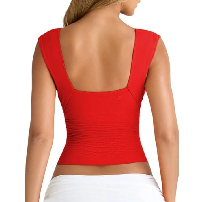 YFANG Women's Sexy Deep V-Neck Ruched Sleeveless Crop Tank Top Stretchy Double Layer Slim Fitted Going Out Crop Top Red Medium by YFANG - Image 5