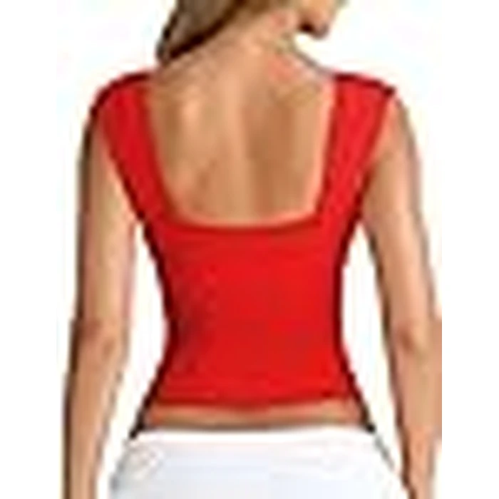 YFANG Women's Sexy Deep V-Neck Ruched Sleeveless Crop Tank Top Stretchy Double Layer Slim Fitted Going Out Crop Top Red Medium by YFANG - Image 6