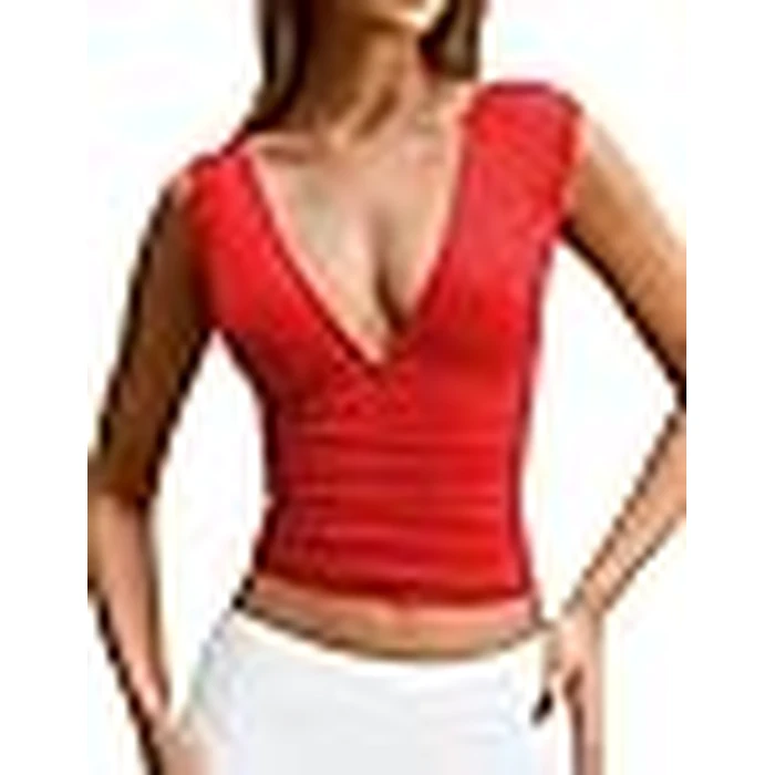 YFANG Women's Sexy Deep V-Neck Ruched Sleeveless Crop Tank Top Stretchy Double Layer Slim Fitted Going Out Crop Top Red Medium by YFANG - Image 9