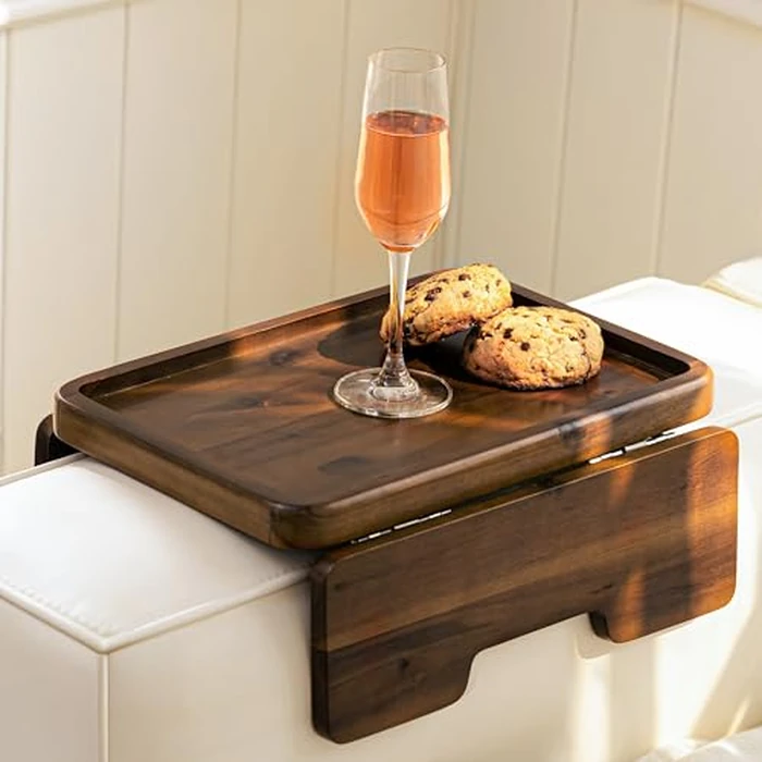 HOLANA Acacia Wood Sofa Armrest Tray - 13.75 x 9.5in Double Hinge Sofa Arm Tray Table Clip - Couch Arm Table - Wooden Side Tables for Eating and Drink (Walnut, 13.75" D x 9.5" W x 2" H) by HOLANA - Used - Good condition