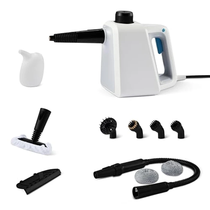 Amazon Basics Handheld Steam Cleaner for Home with 9 Accessories, Powerful 1000W Steam Shot, 8.5oz Tank, 12ft Cord, White by Amazon Basics - Used - Good condition