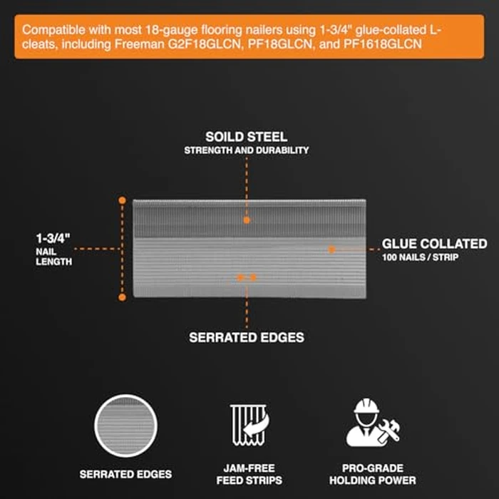 Freeman 18-Gauge Flooring L-Cleats | 1-3/4" | Glue Collated | Serrated Shank | Solid Steel | 1000 Count | Indoor | Tongue and Groove Hardwood Floor Installation | FN181K175 by Freeman - Image 4