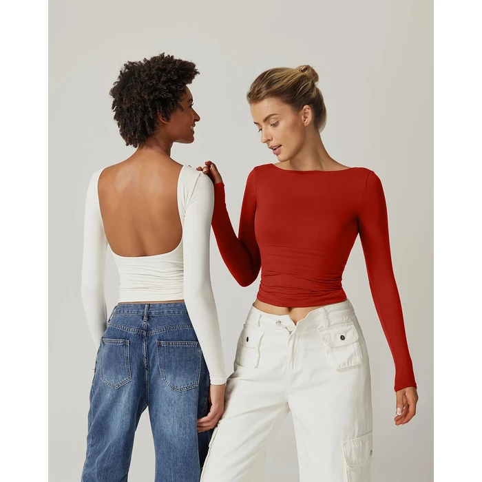 QINSEN Long Sleeve Going Out Tops for Women Backless Boat Neck Double Lined Fitted Tee Shirts White S by QINSEN - Used - Like New condition - US$18.99