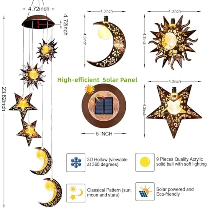 Solar Wind Chimes for Outdoor Lights Sun Moon Star for Women Mom Wife Hanging Decor Outdoor Sympathy Wind Chimes for Garden Patio Balcony Birthday Womens Gifts by Beautyard - Image 4