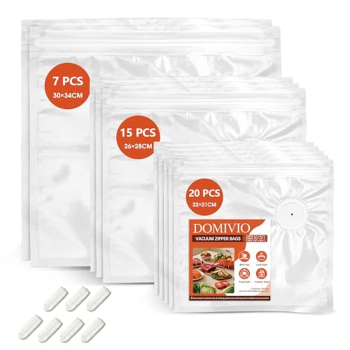 DOMIVIO Vacuum Sealer Bags for Food Storage, Assorted Sizes, 42 Pcs (S+M+L) 8.7" x 8.3" & 10.2" x 11" & 11.8" x 13.4", Reusable Vacuum Zipper Bags, BPA-Free, Meal Prep and Sous Vide Cooking by DOMIVIO - Used - Acceptable condition - CA$28.69