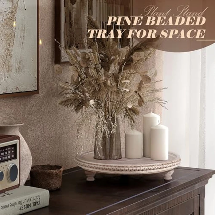 EOSAHR Pine Wooden Display Riser - Beaded Wood Riser for Plant Stand & Sponge Holder, Perfume Organizer - Rustic Farmhouse Kitchen Counter Organizer, Boho Chic Living Room Home Decor (Dark-Natural) by EOSAHR - Image 3
