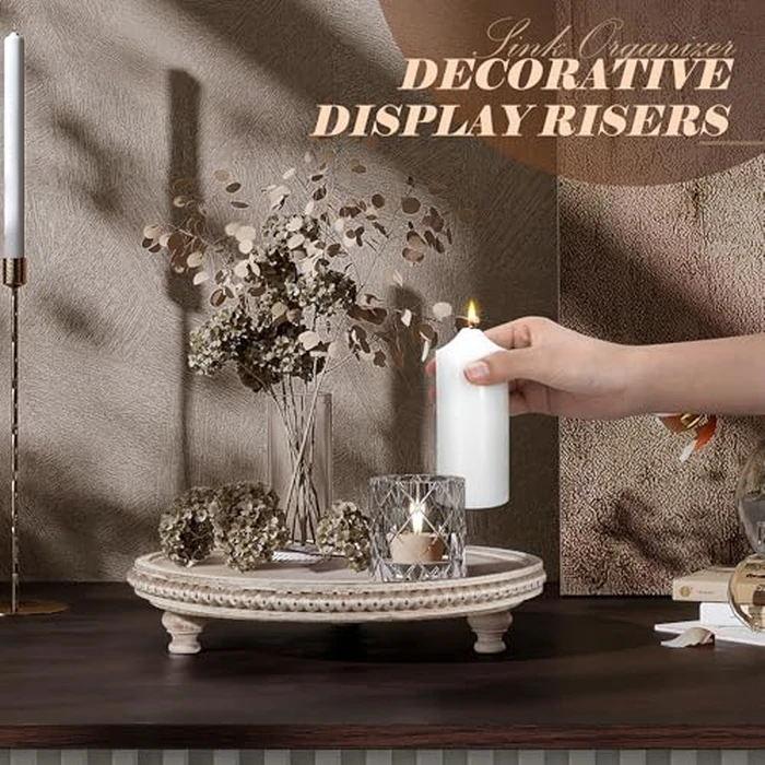 EOSAHR Pine Wooden Display Riser - Beaded Wood Riser for Plant Stand & Sponge Holder, Perfume Organizer - Rustic Farmhouse Kitchen Counter Organizer, Boho Chic Living Room Home Decor (Dark-Natural) by EOSAHR - Image 4