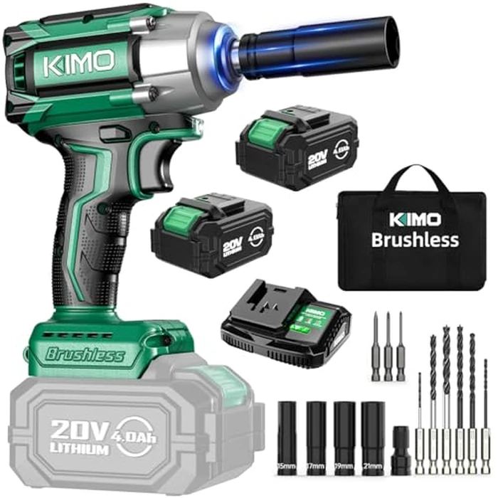 KIMO Impact Wrench 1/2 Cordless, 1200N.m (406ft-lbs), 4000RPM, 9-Piece Drill & Driver Set, 4Sockets Impact Drill for Car Tires, Safety Lock, 2x4000mAh Battery, Variable Modes Power Smart Impact Wrench by K I M O. - Used - Like New condition