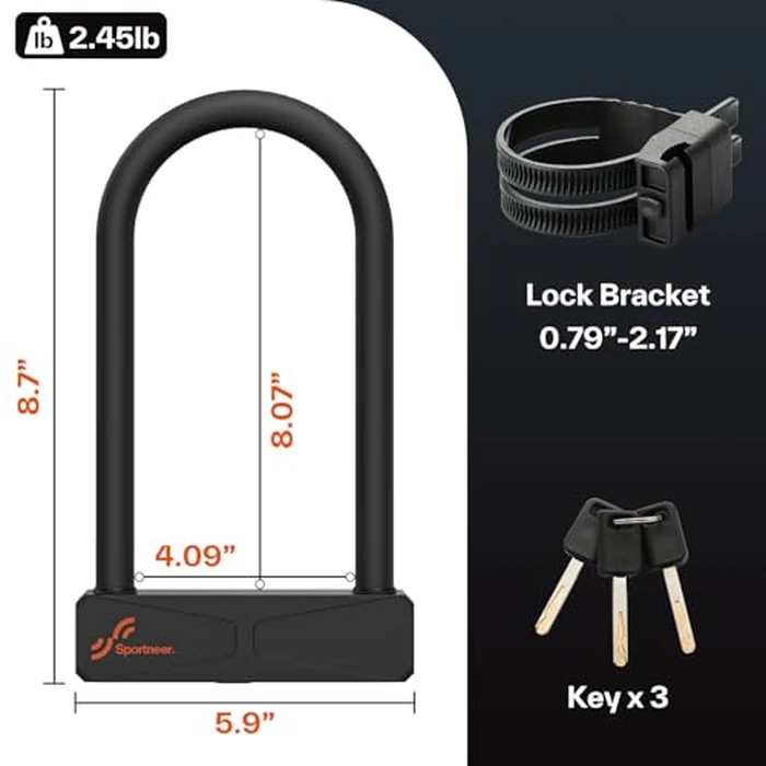 Sportneer Bike Lock - 16mm Shackle Heavy Duty Anti Theft Bike U Lock with 3 Keys - Bicycle U-Locks with Sturdy Mounting Bracket for Bike Scooter Gate, Size 8.7''x5.9'', Weight 2.45lbs by Sportneer - Image 2