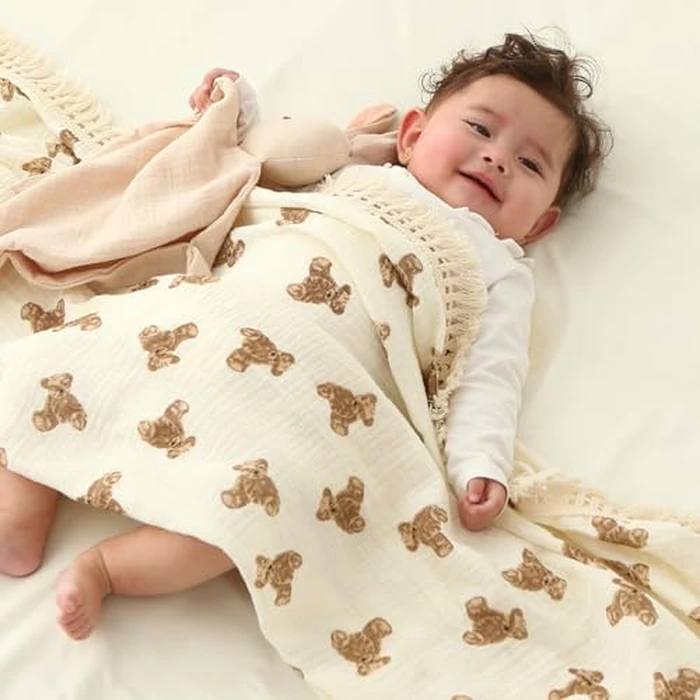 Insular Cotton Muslin Baby Blanket with Tassel, Boho Bohemian Muslin Swaddle Blanket Baby Receiving Blanket with Fringe, Nursery Decor Throw or Nursing Blankets, 47" x40”, Little Bear by Insular - Image 2