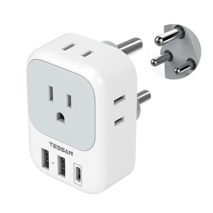 TESSAN South Africa Power Adapter, Type M Plug Adaptor with 4 American Outlets 3 USB Charger (1 USB C Port) for US to Bhutan Botswana Namibia Nepal by TESSAN - Image 1
