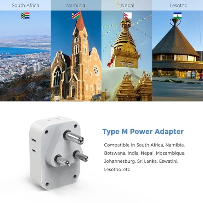 TESSAN South Africa Power Adapter, Type M Plug Adaptor with 4 American Outlets 3 USB Charger (1 USB C Port) for US to Bhutan Botswana Namibia Nepal by TESSAN - Image 2