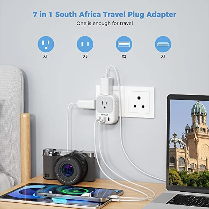 TESSAN South Africa Power Adapter, Type M Plug Adaptor with 4 American Outlets 3 USB Charger (1 USB C Port) for US to Bhutan Botswana Namibia Nepal by TESSAN - Image 3