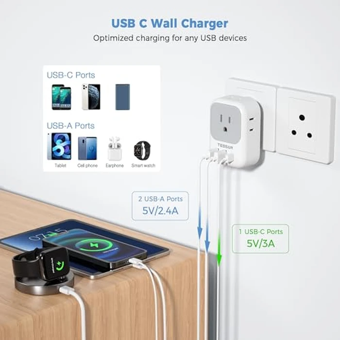 TESSAN South Africa Power Adapter, Type M Plug Adaptor with 4 American Outlets 3 USB Charger (1 USB C Port) for US to Bhutan Botswana Namibia Nepal by TESSAN - Image 4