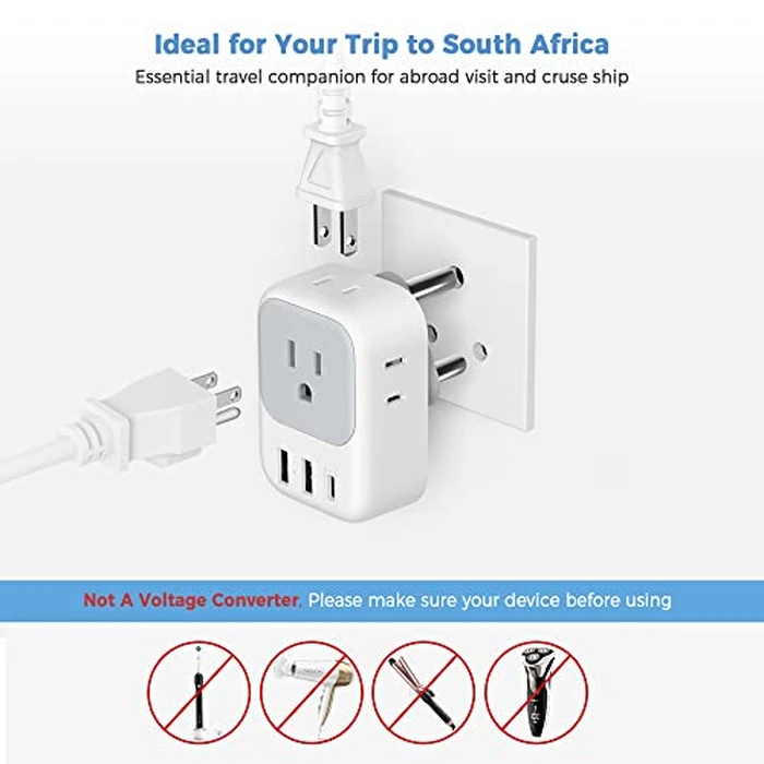 TESSAN South Africa Power Adapter, Type M Plug Adaptor with 4 American Outlets 3 USB Charger (1 USB C Port) for US to Bhutan Botswana Namibia Nepal by TESSAN - Image 5