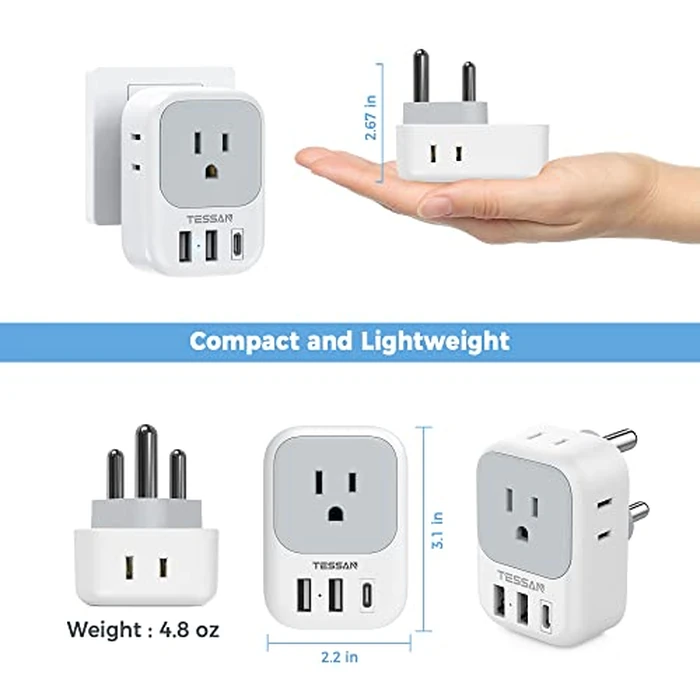 TESSAN South Africa Power Adapter, Type M Plug Adaptor with 4 American Outlets 3 USB Charger (1 USB C Port) for US to Bhutan Botswana Namibia Nepal by TESSAN - Image 6