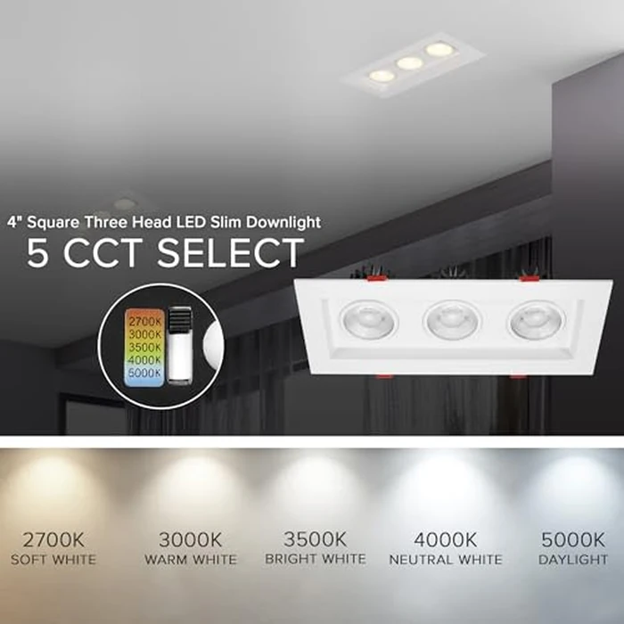 Maxxima 4 inch Three Head Slim Square Recessed Anti-Glare LED Gimbal Downlight Canless IC Rated, 3000 Lumens 5 Color Temperature Selectable 2700K/3000K/3500K/4000K/5000K Dimmable 90 CRI J-Box Included by Maxxima - Image 5