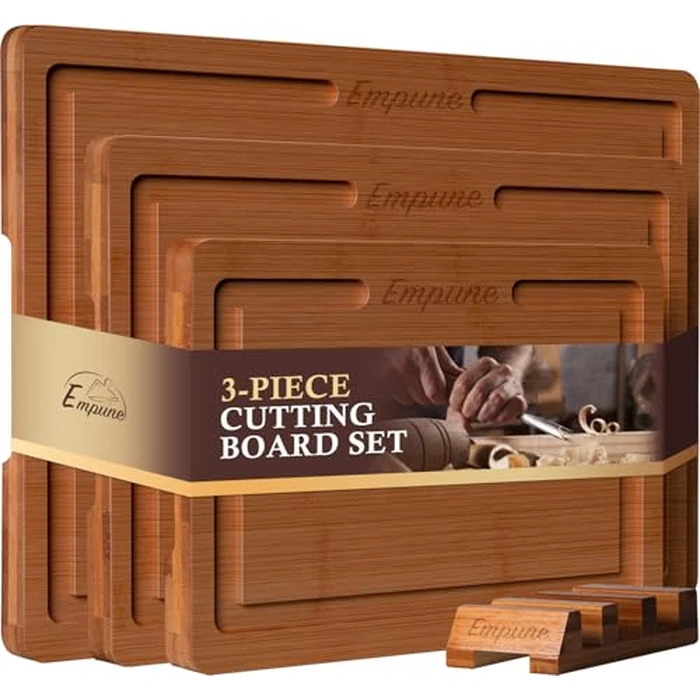 Empune Bamboo Cutting Board Set, Wood Cutting Boards for Kitchen with Holder Wooden Chopping Board for Meal Prep & Serving, Brown by Empune - Image 1