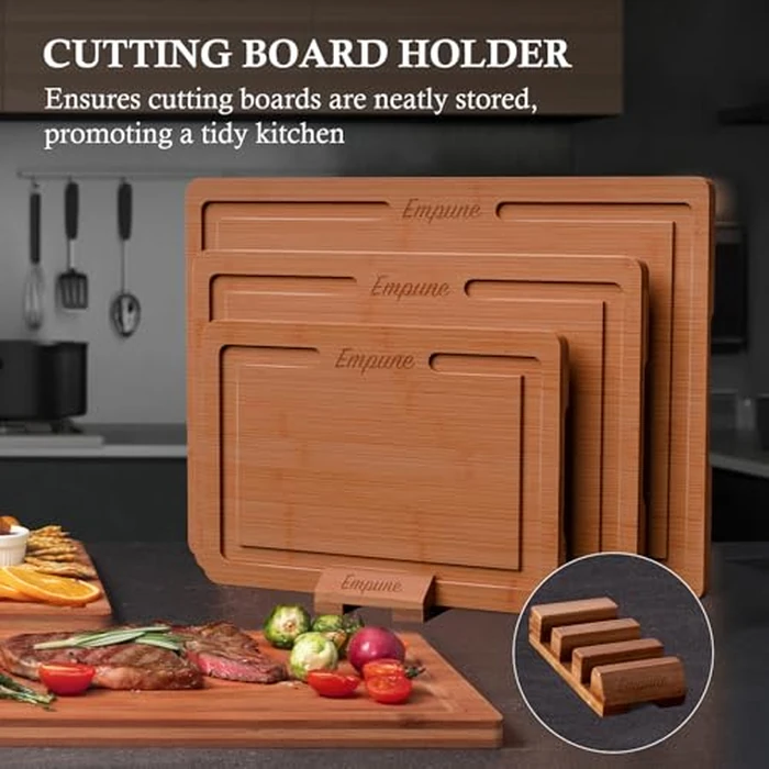 Empune Bamboo Cutting Board Set, Wood Cutting Boards for Kitchen with Holder Wooden Chopping Board for Meal Prep & Serving, Brown by Empune - Image 5