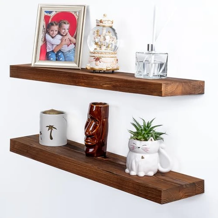 2 Pc Natural Pine Wooden Floating Shelves for Wall with No Drilling; Wall Mounted Wood Shelf Set; Wall Shelves for Living Room, Bathroom, Kitchen and Bedroom Bookshelf (Walnut, 30 inch) by houthvige - Image 1