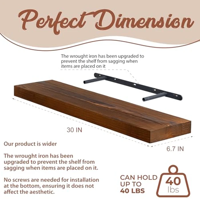 2 Pc Natural Pine Wooden Floating Shelves for Wall with No Drilling; Wall Mounted Wood Shelf Set; Wall Shelves for Living Room, Bathroom, Kitchen and Bedroom Bookshelf (Walnut, 30 inch) by houthvige - Image 2