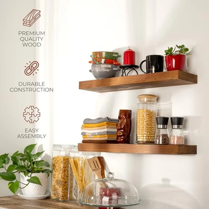 2 Pc Natural Pine Wooden Floating Shelves for Wall with No Drilling; Wall Mounted Wood Shelf Set; Wall Shelves for Living Room, Bathroom, Kitchen and Bedroom Bookshelf (Walnut, 30 inch) by houthvige - Image 5