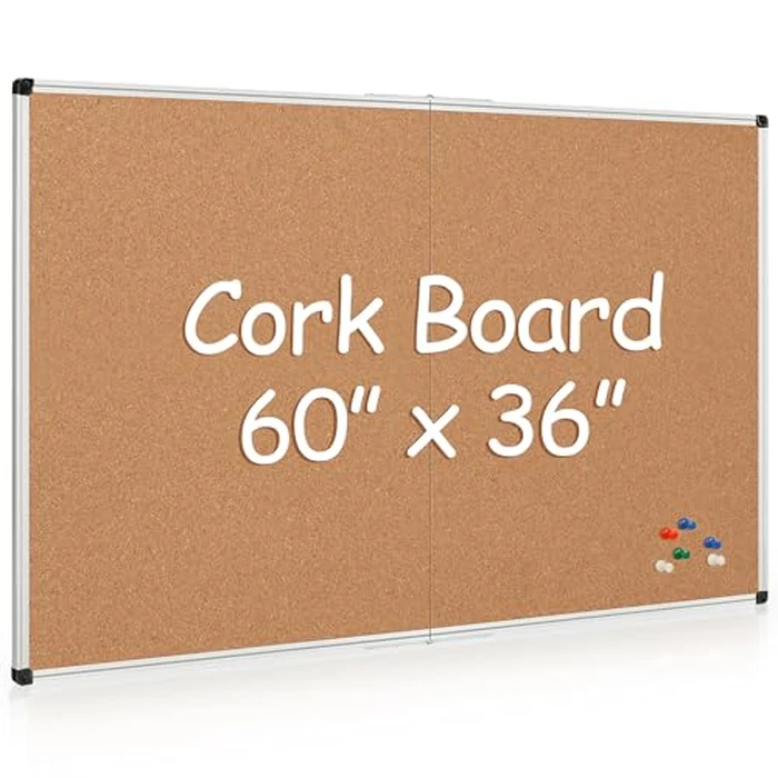 Board2by Extra Large Cork Bulletin Board 60" X 36", Foldable Notice Pin Board for Wall, Silver Aluminum Framed 5'x3' Corkboard, Wall Mounted Noticeboard with 36 Push Pins for School, Home & Office by Board2by - Image 1