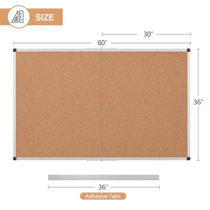 Board2by Extra Large Cork Bulletin Board 60" X 36", Foldable Notice Pin Board for Wall, Silver Aluminum Framed 5'x3' Corkboard, Wall Mounted Noticeboard with 36 Push Pins for School, Home & Office by Board2by - Image 3
