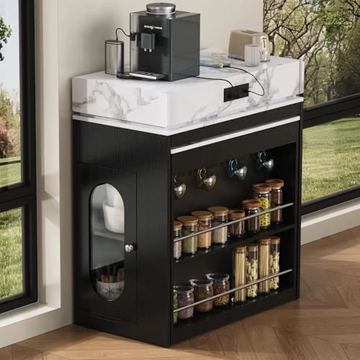 Extendable Kitchen Island, Rolling Dining Table with Glass Door Cabinet, Hidden Drawers & Shelves, Folding Drop-Leaf Sideboard with Locking Casters for Kitchen, Dining,Home Use, Black+White Marble by Noble House Home Furnishings - Image 4