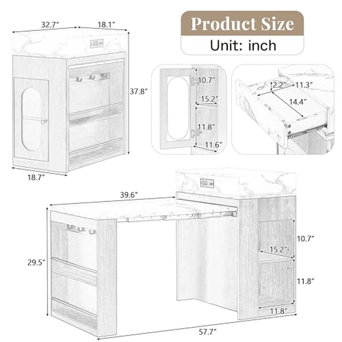 Extendable Kitchen Island, Rolling Dining Table with Glass Door Cabinet, Hidden Drawers & Shelves, Folding Drop-Leaf Sideboard with Locking Casters for Kitchen, Dining,Home Use, Black+White Marble by Noble House Home Furnishings - Image 5