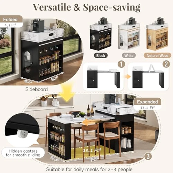 Extendable Kitchen Island, Rolling Dining Table with Glass Door Cabinet, Hidden Drawers & Shelves, Folding Drop-Leaf Sideboard with Locking Casters for Kitchen, Dining,Home Use, Black+White Marble by Noble House Home Furnishings - Image 6