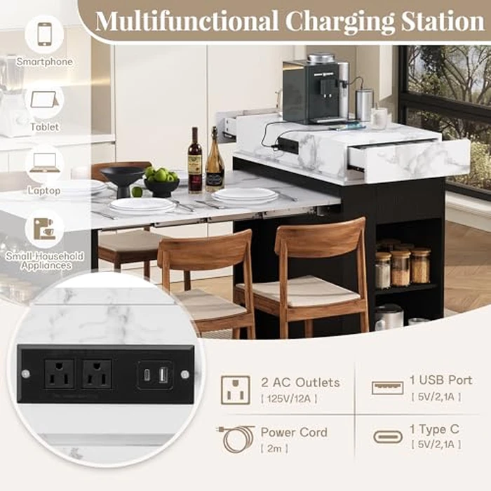 Extendable Kitchen Island, Rolling Dining Table with Glass Door Cabinet, Hidden Drawers & Shelves, Folding Drop-Leaf Sideboard with Locking Casters for Kitchen, Dining,Home Use, Black+White Marble by Noble House Home Furnishings - Image 8
