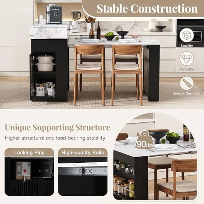 Extendable Kitchen Island, Rolling Dining Table with Glass Door Cabinet, Hidden Drawers & Shelves, Folding Drop-Leaf Sideboard with Locking Casters for Kitchen, Dining,Home Use, Black+White Marble by Noble House Home Furnishings - Image 9