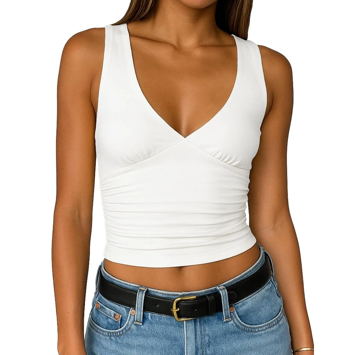 ForeFair Womens Deep V Neck Crop Tank Tops Going Out Double Lined Sexy Crop Top Sleeveless Slim Fit Y2k Summer Tops White,S by ForeFair - Used - Like New condition - US$21.37